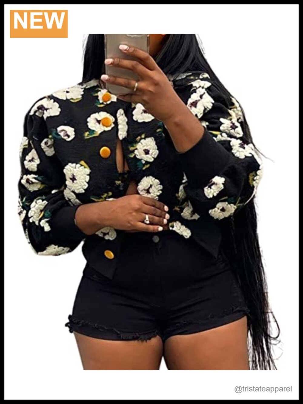 Wool-Like Fleece Cropped Bomber Jacket Button Down Floral Long Sleeve Casual